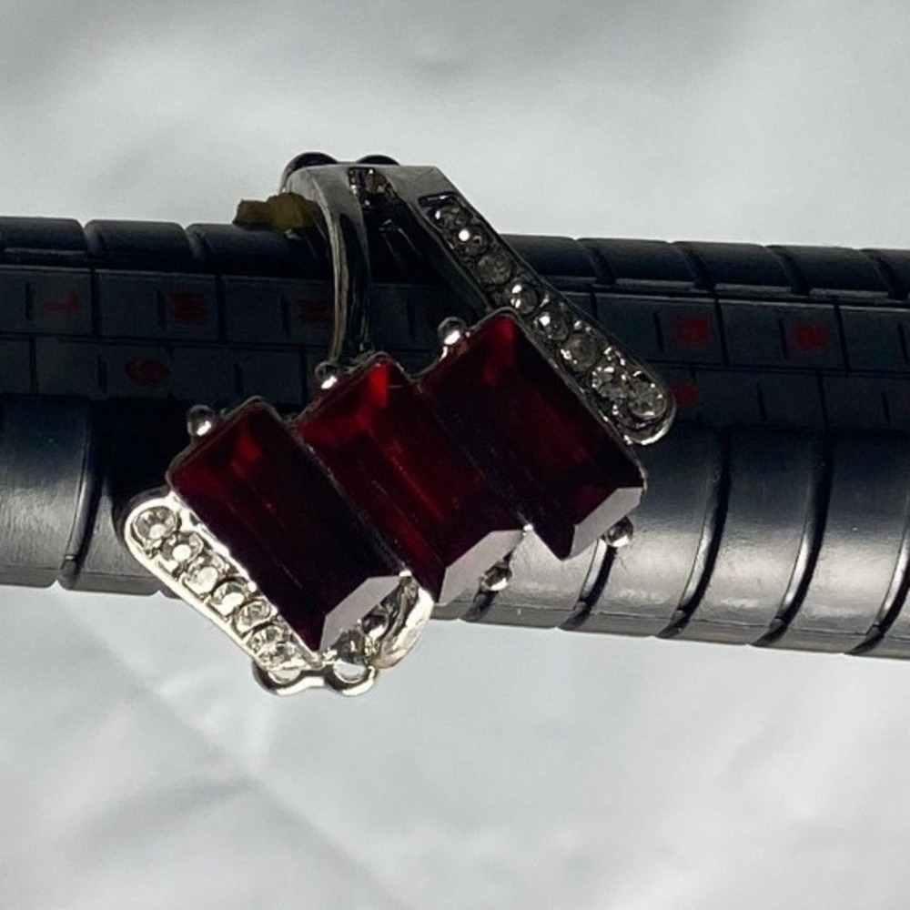 Rhodium Plated Silver Tone Square Cut Red Stone Ring Size 7